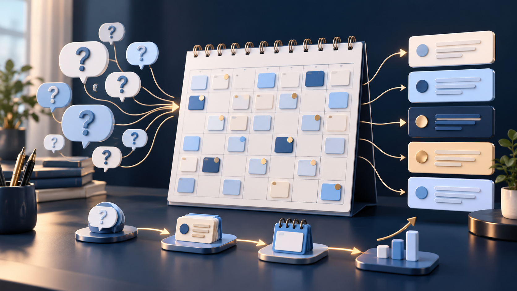 Customer questions become an organised 90-day content calendar.