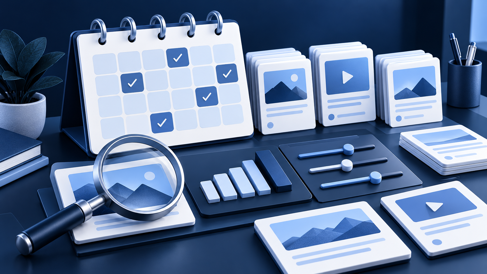 Content calendar, material cards and tools for reviewing results.