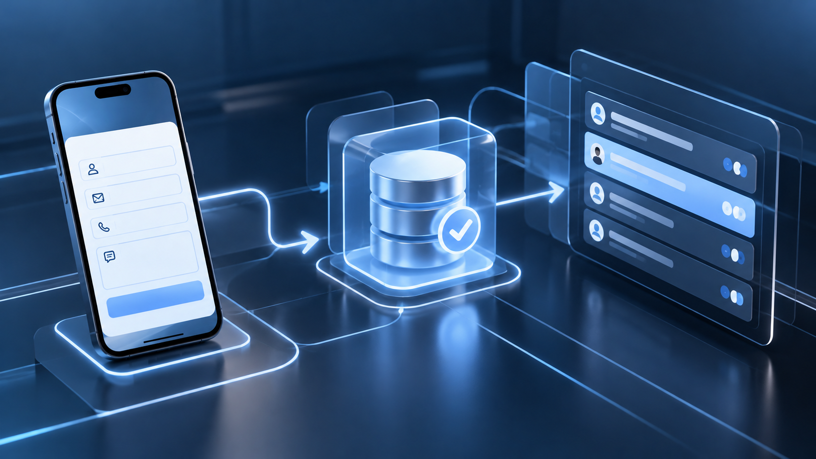 An enquiry moves from a mobile form to a saved record and a team queue.