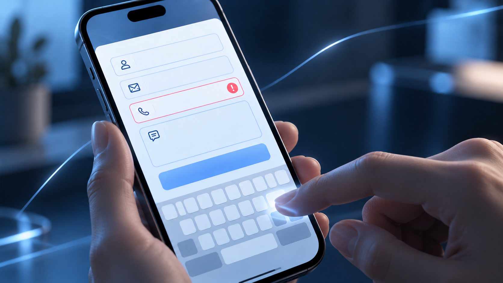 Mobile enquiry form with an error indicator and on-screen keyboard.