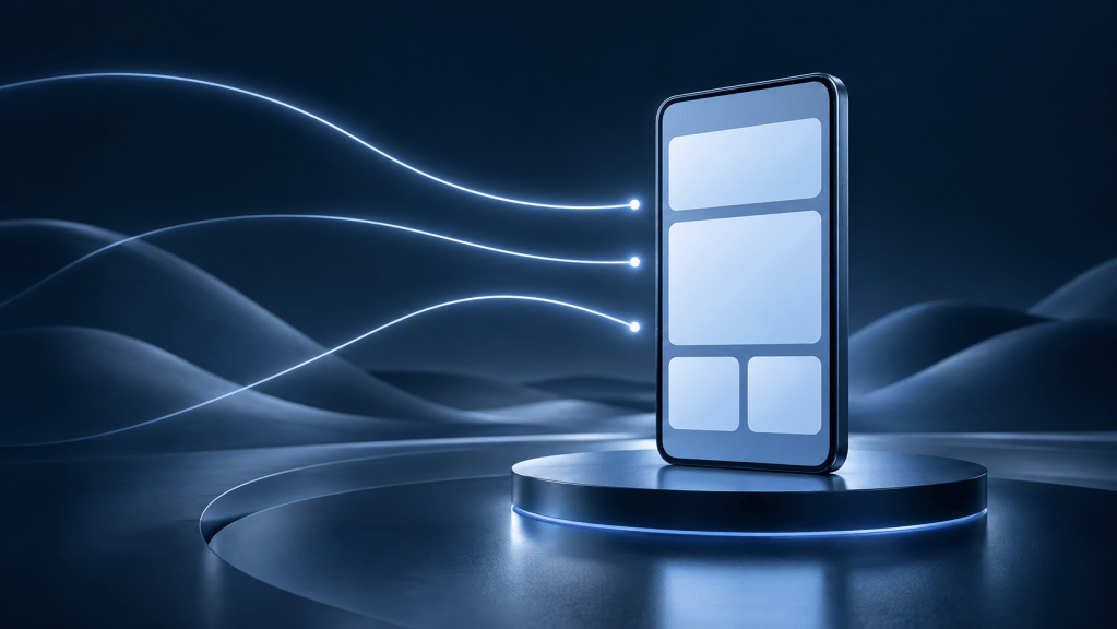 Smartphone with pale website panels and three blue light trails against a dark background.