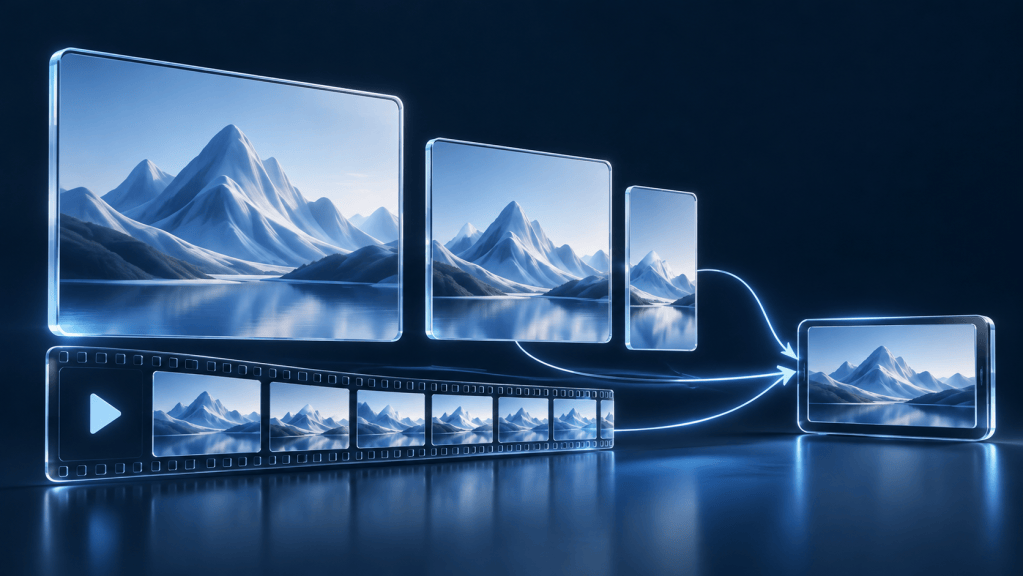 Mountain images in different sizes and a filmstrip connected by light trails to a small screen.